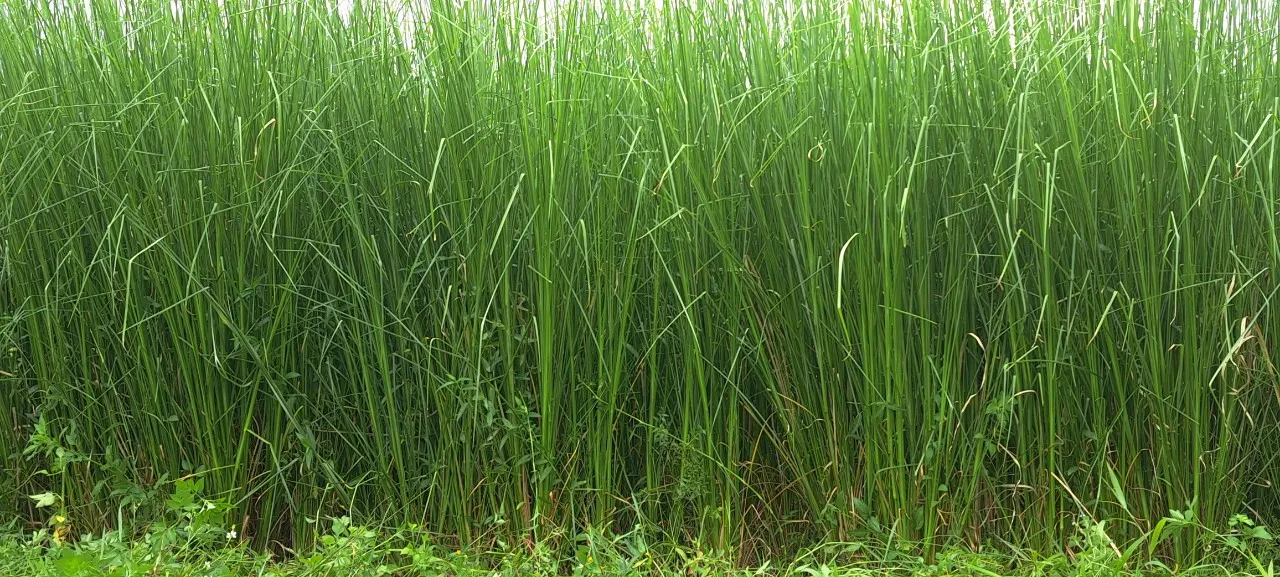 Bức tường cỏ Vetiver xanh dày đặc phủ kín khung hình, một hàng cây chống xói mòn đất đã khép kín