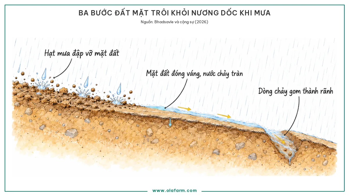 Mặt cắt sườn dốc trong mưa qua ba giai đoạn mất đất, hạt mưa đập vỡ hạt đất trần, mặt đất đóng váng làm nước chảy tràn, dòng chảy gom lại cắt thành rãnh