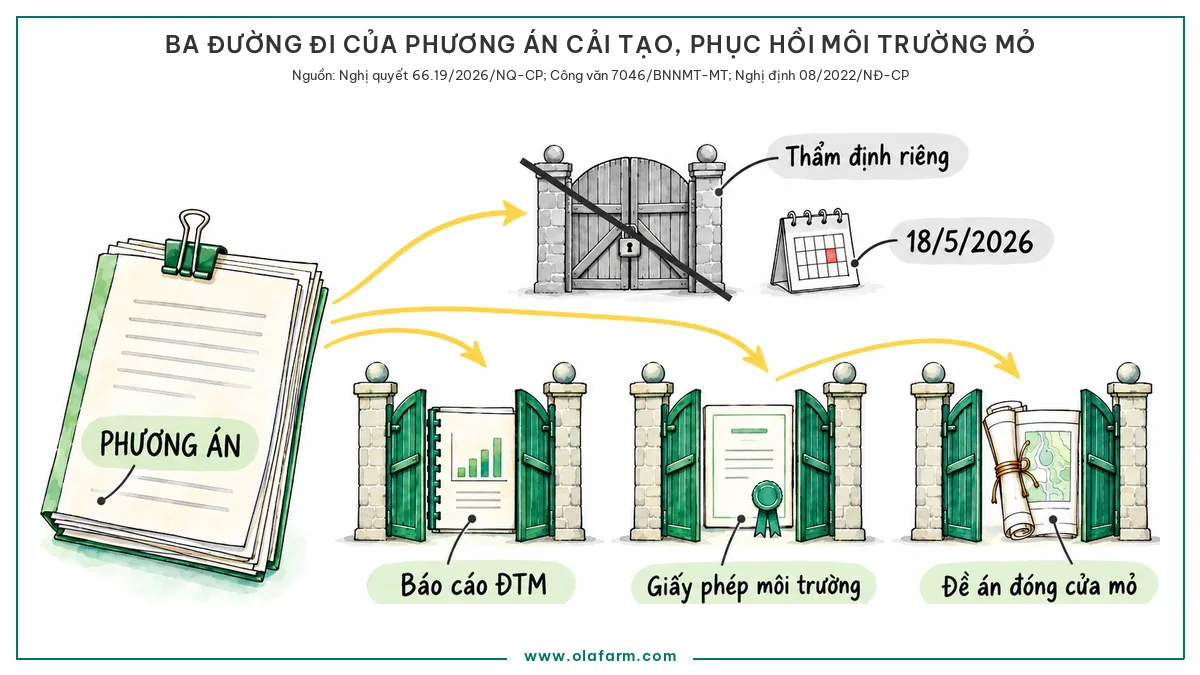 Sơ đồ ba đường đi của phương án cải tạo phục hồi môi trường sau tháng 5/2026, gồm đi trong báo cáo đánh giá tác động môi trường, đi trong hồ sơ đề nghị cấp giấy phép môi trường, và đi trong đề án đóng cửa mỏ, thay cho cửa thẩm định riêng đã đóng