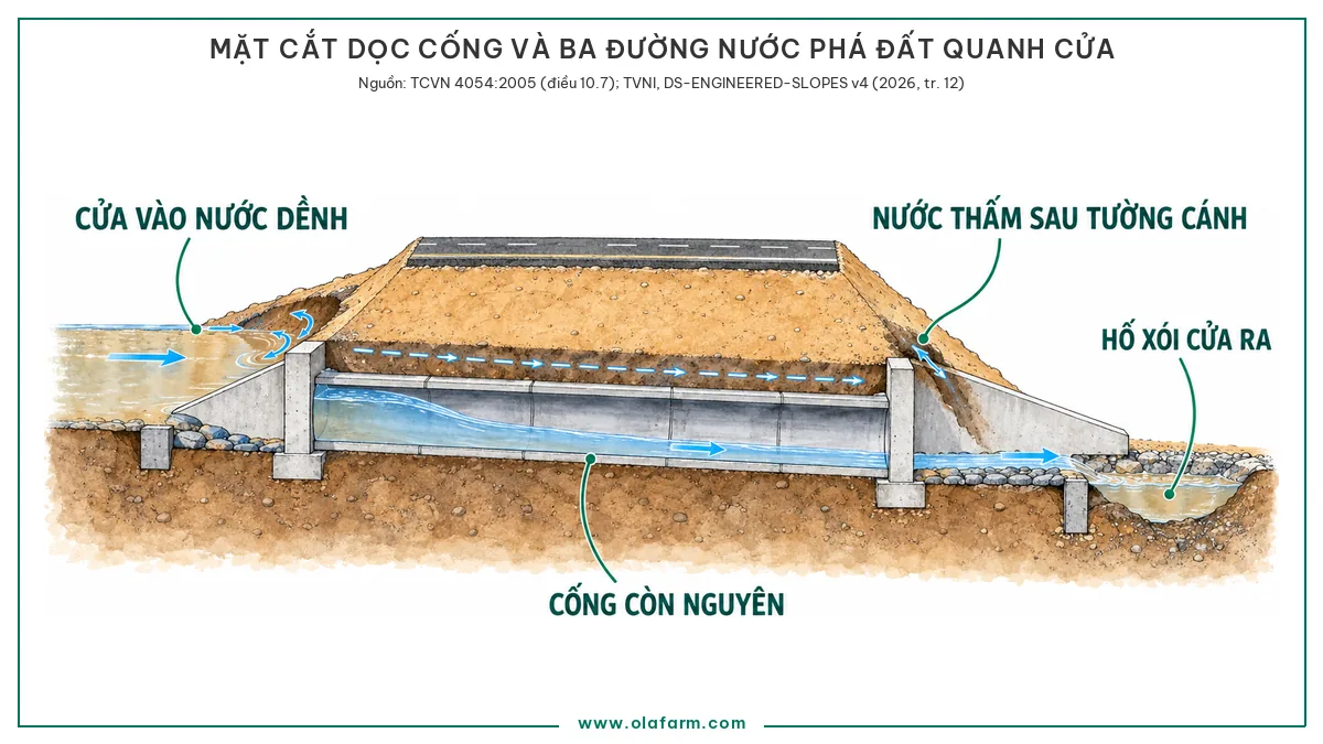 Mặt cắt dọc cống tròn bê tông qua nền đường đắp sau mưa lớn, đáy cống ngang lòng dẫn ở hai đầu, ba chỗ đất bị nước phá gồm vũng nước dềnh trước mái đắp thượng lưu với xoáy nước khoét hõm vào mái sát trên tường đầu, nước thấm dọc mặt ngoài thân ống rỉ ra thành vệt đất ướt trên mái hạ lưu sau tường cánh, và hố xói lòng chảo trong lòng dẫn ngay sau chân khay cuối lớp đá lát, ống cống vẫn nguyên