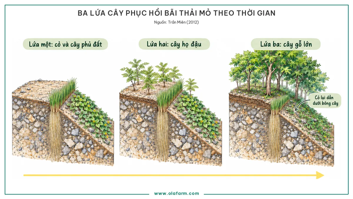 Hình vẽ thứ tự trồng cây trên bãi thải mỏ theo ba lứa gồm lứa cỏ phủ đất, lứa cây họ đậu cải tạo đất và lứa cây gỗ lớn