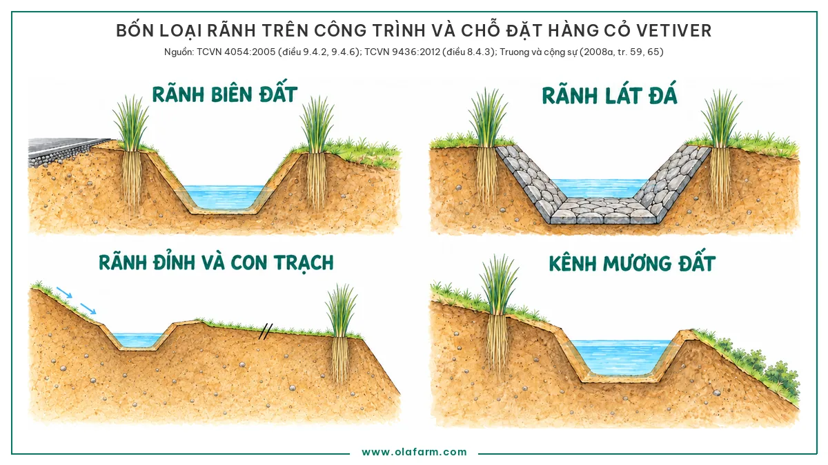 Bốn mặt cắt nhỏ xếp lưới hai nhân hai, rãnh biên đất có bụi cỏ Vetiver ở hai mép trên, rãnh lát đá dốc lớn chỉ có cỏ trên bờ đất ngoài lớp đá, rãnh đỉnh trên sườn dốc lên với con trạch đắp phía thấp để trơn đất và một bụi cỏ đúng mép trên taluy sau dải đất trống rộng, kênh mương đất trên sườn đồi có cỏ ở phía trên kênh