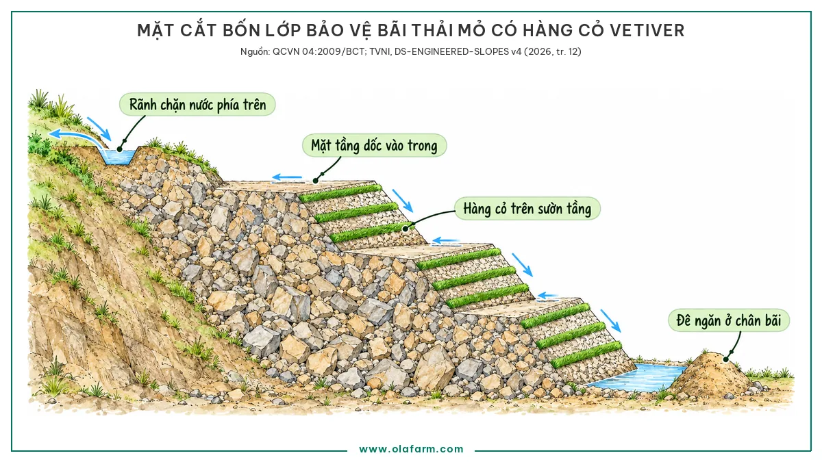 Hình vẽ mặt cắt một bãi thải mỏ với bốn lớp bảo vệ chống sạt lở gồm rãnh chặn nước phía trên bãi, các tầng thải thấp có mặt tầng dốc vào trong, ba hàng cỏ Vetiver đồng mức trên mỗi sườn tầng và đê ngăn ở chân bãi