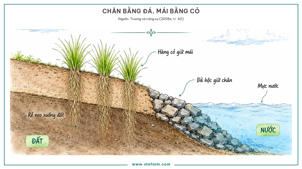 Mặt cắt bờ sông ghép đá hộc giữ chân ở phần ngập nước với hàng cỏ Vetiver rễ sâu giữ mái phía trên, cách phối hợp thay cho việc so sánh cỏ Vetiver và kè bê tông như hai lựa chọn loại trừ nhau