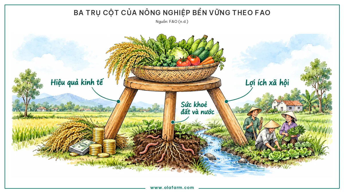 Chiếc ghế ba chân đỡ giỏ nông sản, ba chân đứng trên ba nền khác nhau: hiệu quả kinh tế, sức khoẻ đất và nước, lợi ích xã hội, tức ba trụ cột của nông nghiệp bền vững theo FAO