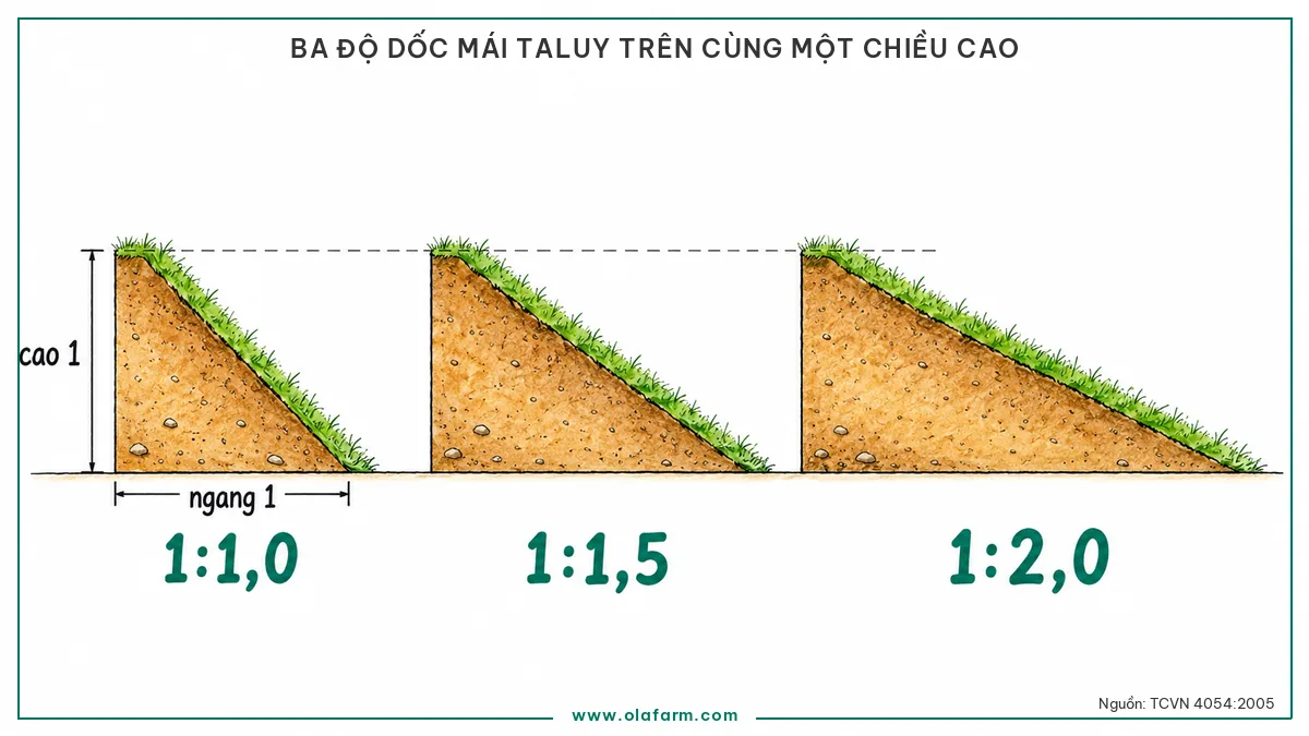 Ba mái taluy cùng chiều cao với chân mái dài gấp 1,0 rồi 1,5 rồi 2,0 lần chiều cao, minh hoạ độ dốc mái taluy 1:1,0, 1:1,5 và 1:2,0
