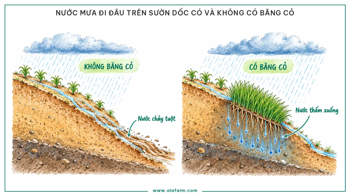 Hai sườn dốc dưới cùng một cơn mưa: sườn không băng cỏ nước chảy tuột thành dòng bùn ở chân dốc, sườn có băng cỏ Vetiver nước thấm xuống dọc rễ và lòng đất ướt sâu