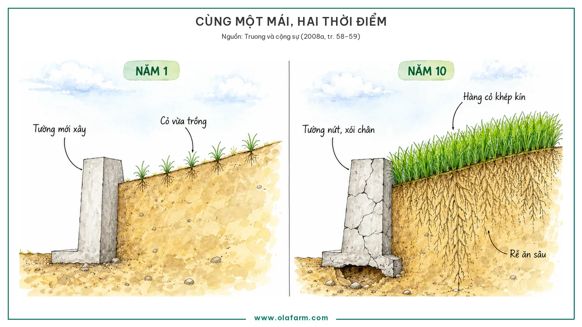Hình vẽ so sánh cỏ Vetiver và kè bê tông trên cùng một mái dốc ở năm thứ nhất và năm thứ mười, tường bê tông nứt và bị xói chân trong khi hàng cỏ khép kín và rễ ăn sâu