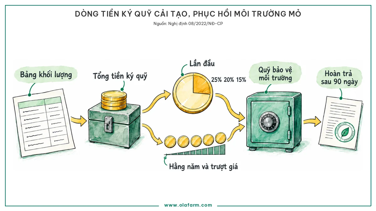Sơ đồ dòng tiền ký quỹ cải tạo phục hồi môi trường đi từ bảng khối lượng hạng mục sang tổng số tiền, tách thành khoản nộp lần đầu 25, 20 hoặc 15 phần trăm theo tuổi mỏ và các khoản nộp hằng năm có cộng trượt giá, rồi hoàn trả trong 90 ngày sau quyết định đóng cửa mỏ