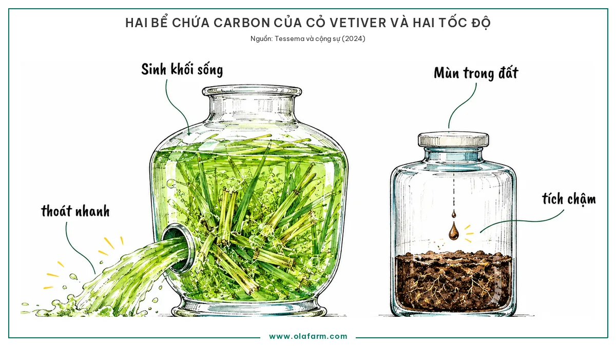 Hình vẽ so sánh hai bể chứa carbon của cỏ Vetiver, bình lớn chứa sinh khối sống đang chảy mạnh ra ngoài qua một vòi rộng, và bình nhỏ đậy kín chứa mùn trong đất chỉ nhận thêm từng giọt