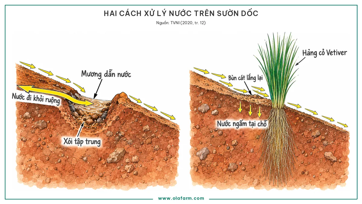 Hai mặt cắt sườn dốc đặt cạnh nhau, một bên nước mặt được gom vào mương dẫn ra khỏi ruộng và xói tập trung trong lòng mương, một bên hàng cỏ Vetiver theo đường đồng mức trải rộng dòng chảy cho nước ngấm tại chỗ và bùn cát lắng trước hàng