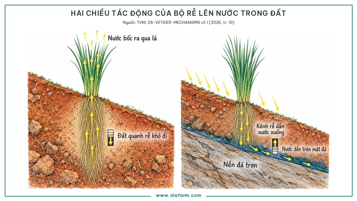 Mặt cắt mái dốc có cỏ Vetiver chỉ ra hai chiều tác động ngược nhau của bộ rễ lên nước trong đất, một chiều là cây rút nước lên và thoát hơi qua thân lá làm áp lực nước lỗ rỗng giảm, chiều kia là các kênh rễ dẫn nước thấm xuống sâu làm áp lực nước lỗ rỗng tăng