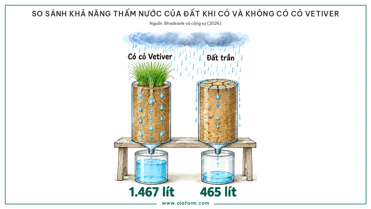 Hai cột đất dưới cùng một trận mưa: cột có cỏ Vetiver cho 1.467 lít nước thấm qua vào bình hứng gần đầy, cột đất trần chỉ 465 lít vì nước chảy tràn ra ngoài thành