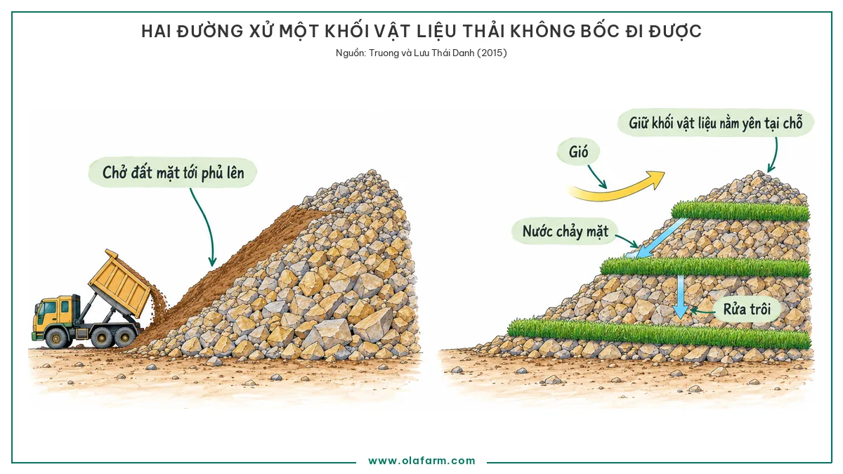 Hình vẽ so sánh hai đường phục hồi đất sau khai thác mỏ, một bên là phủ đất mặt chở từ nơi khác tới, một bên là giữ khối vật liệu tại chỗ bằng lớp phủ thực vật chặn gió, dòng chảy mặt và rửa trôi