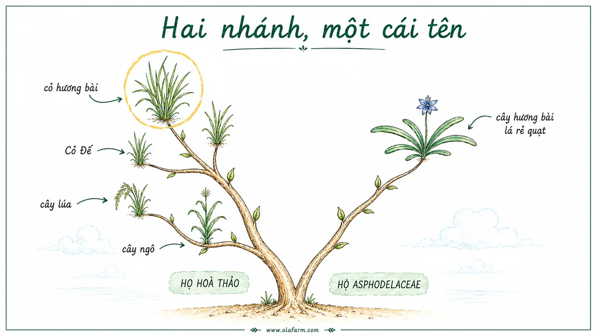 Sơ đồ nhánh họ hàng thực vật, cỏ hương bài và Cỏ Đế đứng cùng nhánh họ Hoà thảo với cây lúa và cây ngô, còn cây hương bài lá rẻ quạt đứng riêng ở nhánh họ Asphodelaceae
