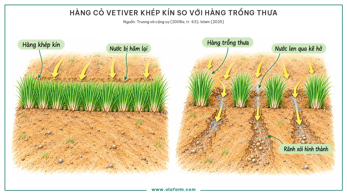 Hình vẽ so sánh hàng cỏ Vetiver khép kín hãm được dòng chảy với hàng trồng thưa để nước len qua kẽ hở và khoét thành rãnh xói