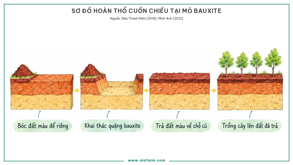 Sơ đồ hoàn thổ cuốn chiếu tại mỏ bauxite theo bốn bước nối tiếp trên cùng một dải đất: bóc lớp đất màu để riêng, khai thác quặng, trả lớp đất màu về chỗ cũ, trồng cây lên lớp đất đã trả