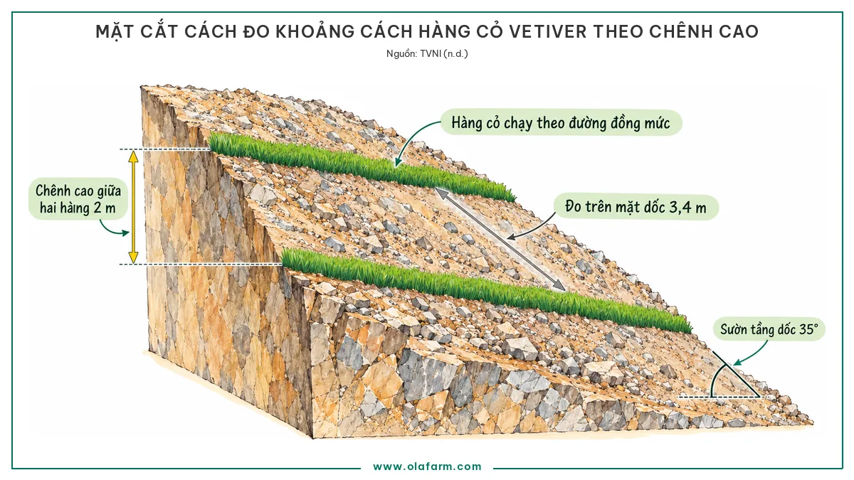 Hình vẽ mặt cắt một sườn tầng bãi thải mỏ cho thấy cách đo khoảng cách giữa hai hàng cỏ Vetiver theo chênh cao thẳng đứng thay vì theo chiều dài dọc mặt dốc