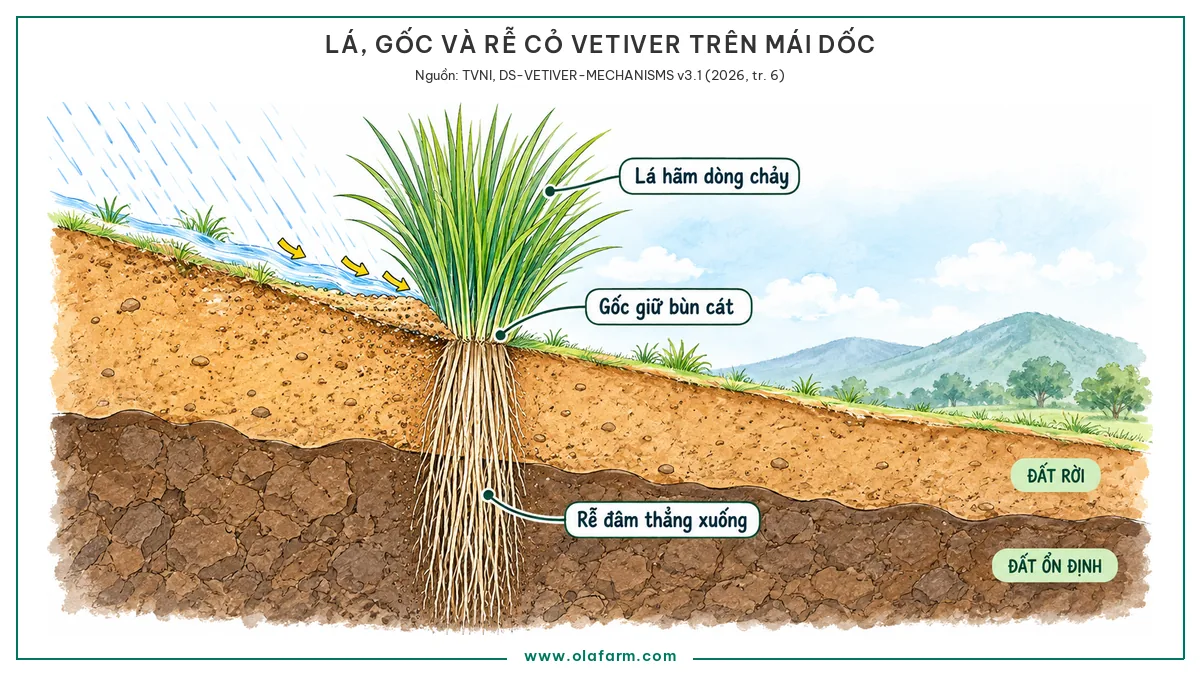 Mặt cắt mái dốc với một khóm cỏ Vetiver: lá hãm dòng nước chảy trên mặt, gốc giữ bùn cát phía trên, rễ đâm thẳng xuyên qua lớp đất rời và cắm vào lớp đất ổn định để chống sạt lở đất