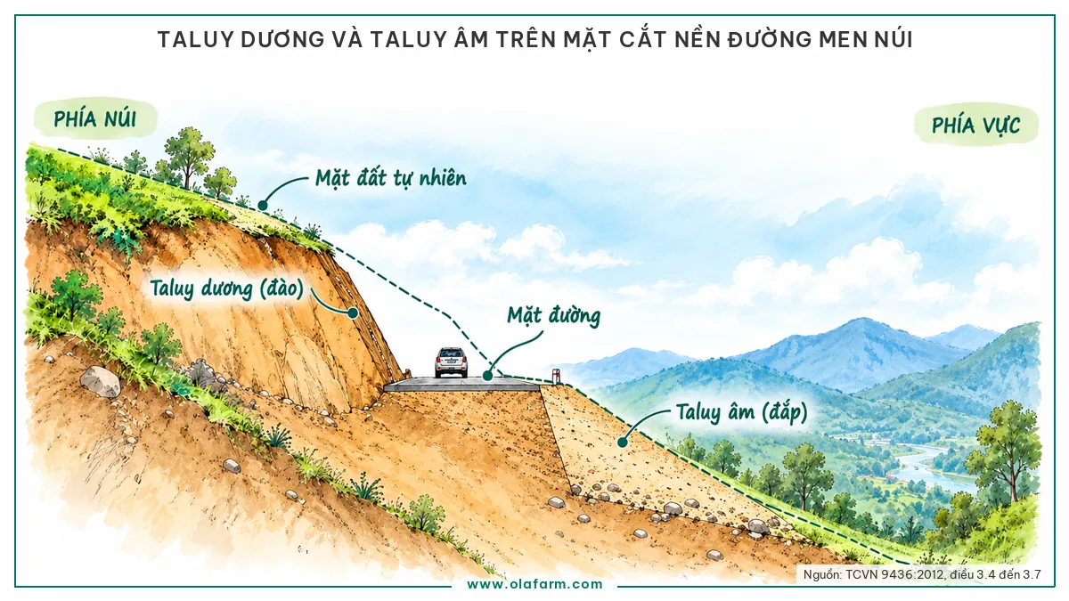 Mặt cắt một con đường men núi: phía núi là taluy dương tức ta luy đào, phía vực là taluy âm tức ta luy đắp, nét đứt là mặt đất tự nhiên trước khi thi công