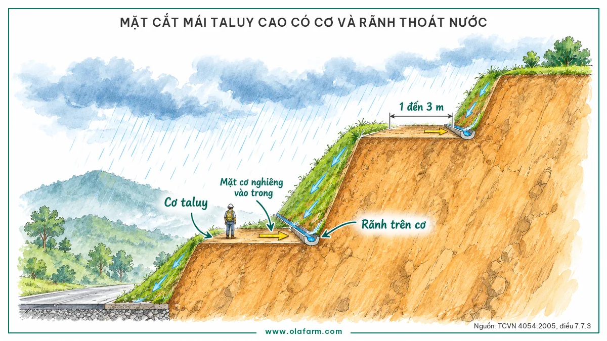 Mặt cắt một mái taluy cao có hai cơ taluy rộng 1 đến 3 m, mặt cơ nghiêng vào trong dẫn nước mưa từ mái trên vào rãnh xây trên cơ