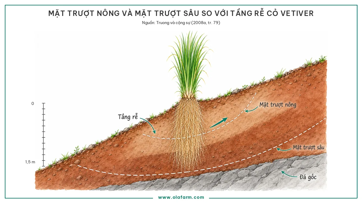 Mặt cắt mái dốc trồng cỏ Vetiver với hai mặt trượt, mặt trượt nông nằm trong tầng rễ sâu khoảng 1 đến 2 m nên bị rễ cắt ngang, mặt trượt sâu nằm dưới tầng rễ nên rễ không chạm tới