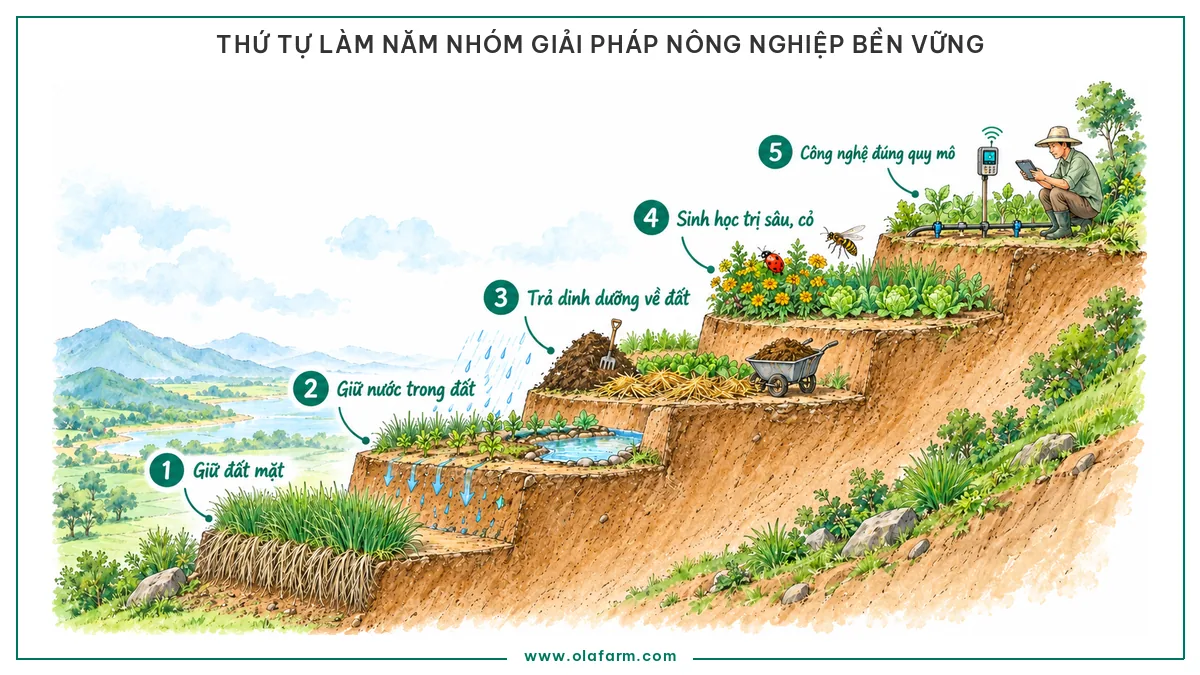 Sườn đồi cắt thành năm bậc thang, mỗi bậc một nhóm giải pháp nông nghiệp bền vững xếp từ dưới lên: giữ đất mặt, giữ nước trong đất, trả dinh dưỡng về đất, sinh học trị sâu cỏ, công nghệ đúng quy mô