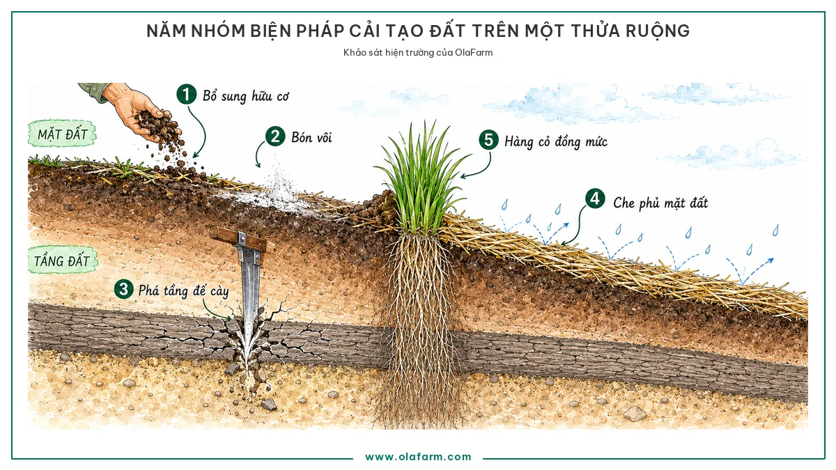 Mặt cắt một thửa ruộng dốc có đủ năm nhóm biện pháp cải tạo đất cùng lúc