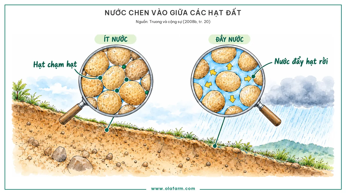 Hai kính lúp soi hạt đất trên một sườn dốc: bên ít nước các hạt chạm nhau, bên đầy nước sau mưa nước lấp kín lỗ rỗng và đẩy hạt rời ra, giải thích áp lực nước lỗ rỗng gây sạt lở đất