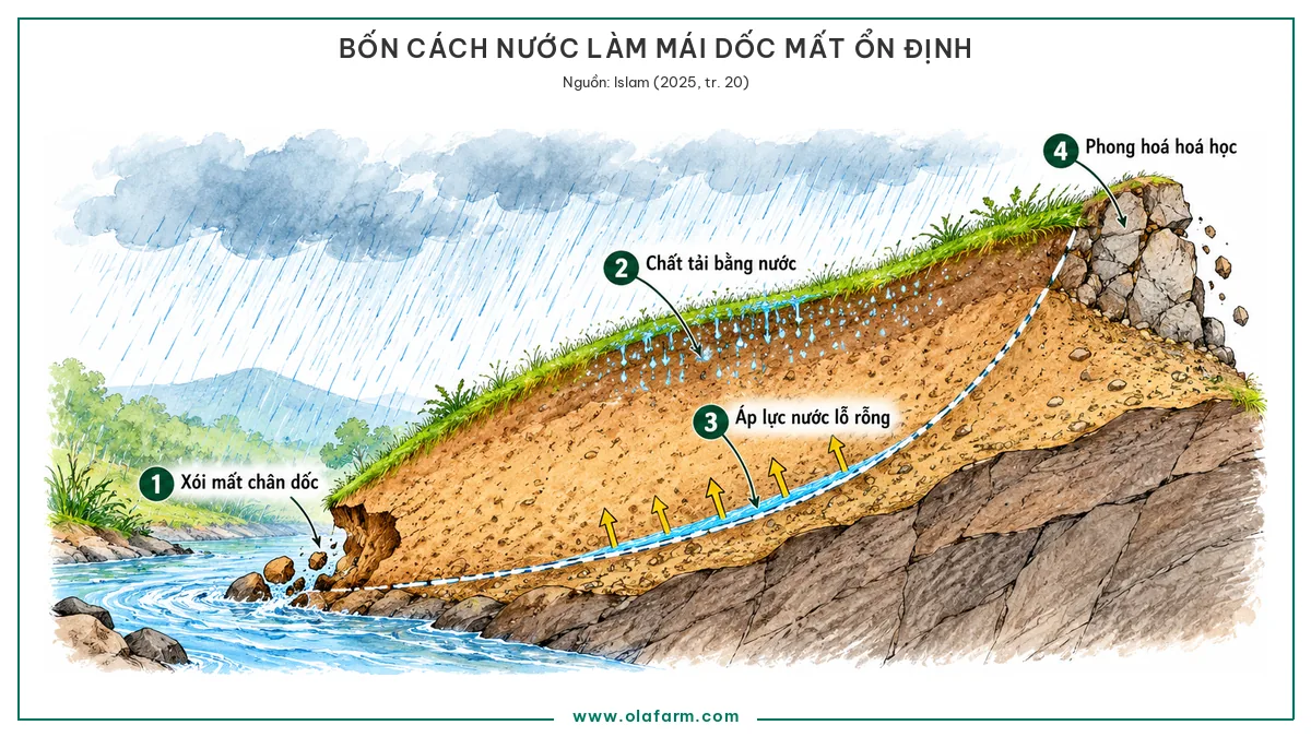 Mặt cắt mái dốc trong mưa đánh số bốn chỗ nước tấn công: xói mất chân dốc, chất tải bằng nước ở lớp mặt, áp lực nước lỗ rỗng dọc mặt trượt và phong hoá hoá học ở mặt đá lộ