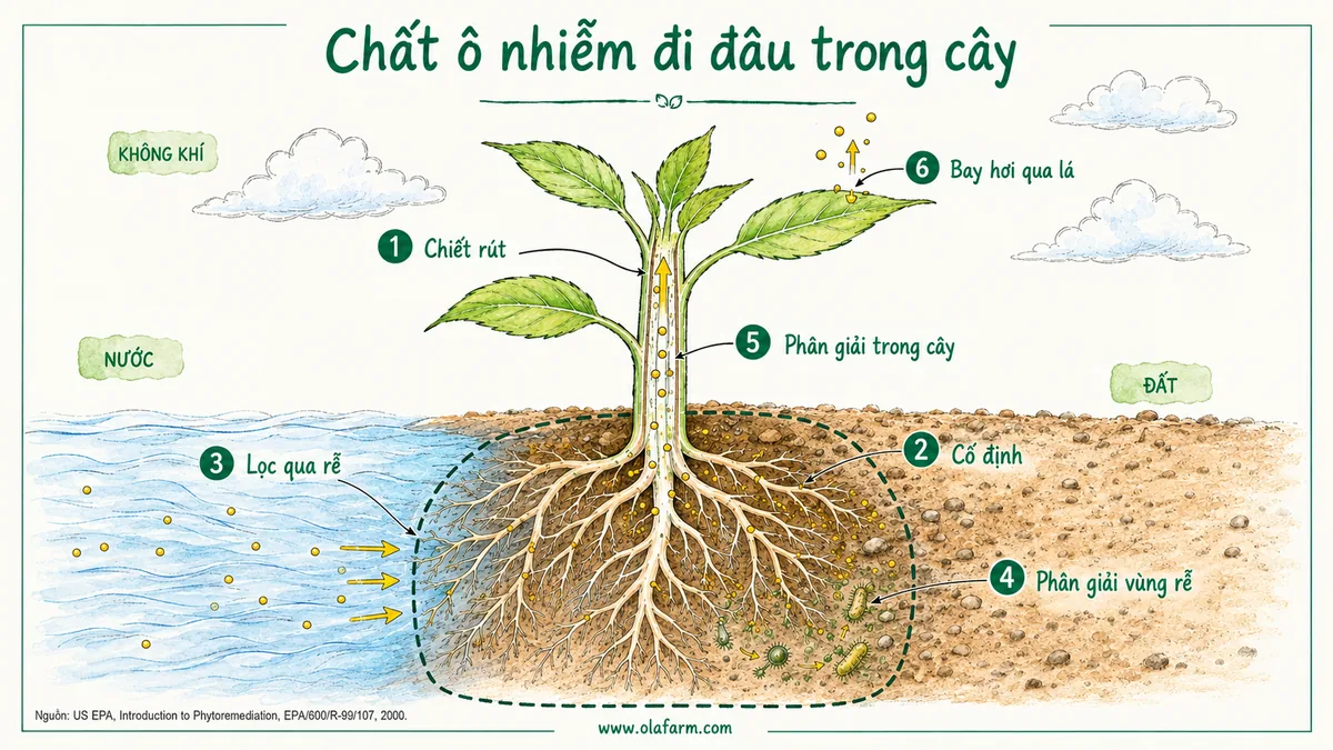 Sơ đồ mặt cắt đất và nước đánh dấu vị trí xảy ra của sáu cơ chế phytoremediation gồm chiết rút, cố định, lọc qua rễ, phân giải vùng rễ, phân giải trong cây và bay hơi qua lá