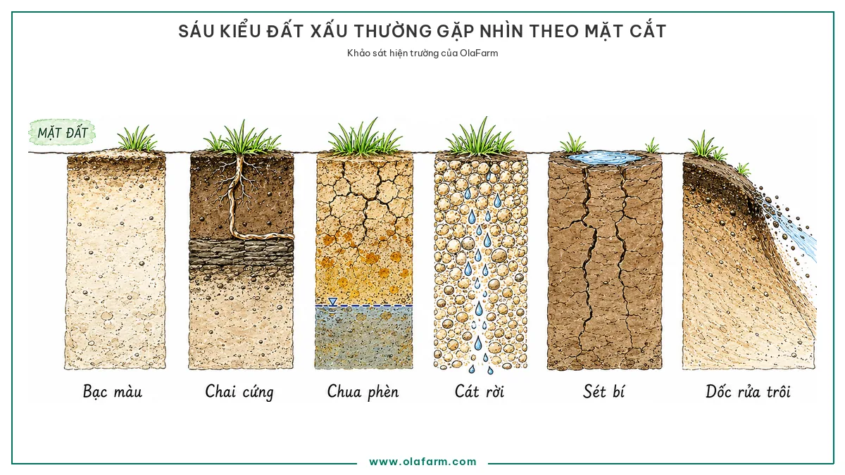Sáu mặt cắt đất vẽ cạnh nhau cho thấy sáu kiểu đất xấu thường gặp khi cải tạo đất
