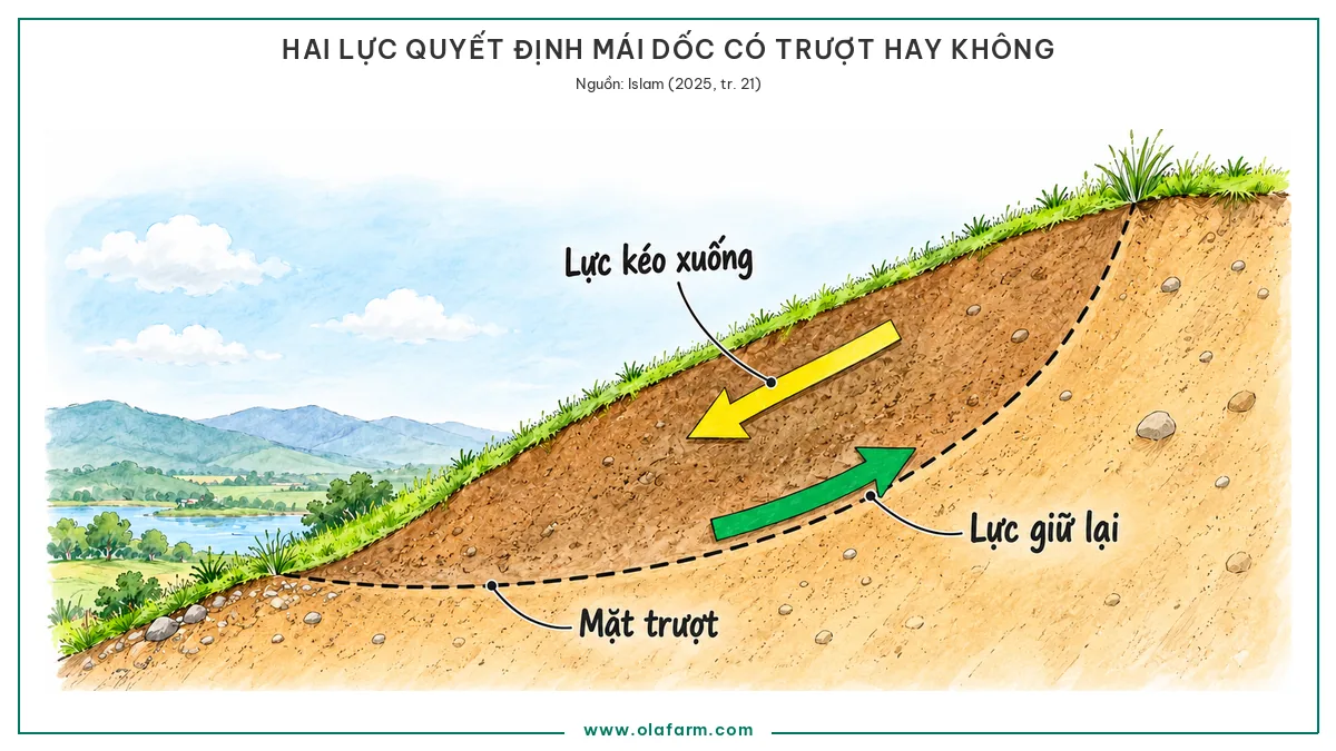 Mặt cắt sườn dốc với khối đất nằm trên mặt trượt cong: mũi tên vàng là lực kéo xuống dọc mái, mũi tên xanh là lực giữ lại dọc mặt trượt, khung đọc mọi nguyên nhân sạt lở đất
