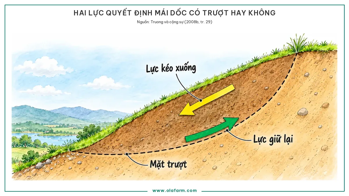Mặt cắt sườn dốc với khối đất nằm trên mặt trượt cong, mũi tên vàng là trọng lượng kéo xuống dọc mái và mũi tên xanh là sức kháng cắt giữ lại dọc mặt trượt, hai vế của hệ số an toàn mái dốc