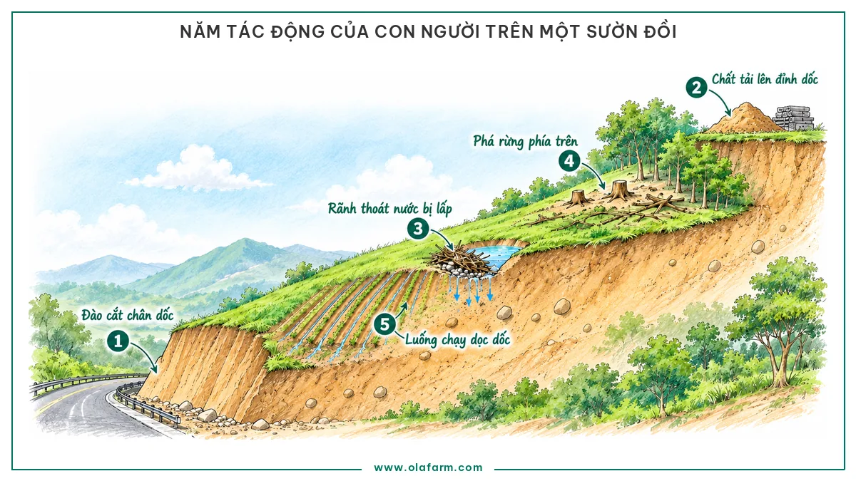 Mặt cắt sườn đồi đánh dấu năm chỗ con người tác động gây nguy cơ sạt lở đất: đào cắt chân dốc làm đường, chất tải lên đỉnh dốc, rãnh thoát nước bị lấp, phá rừng phía trên và luống chạy dọc dốc