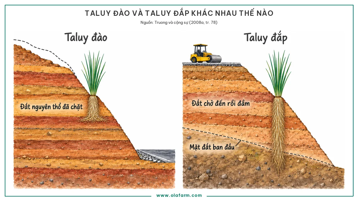 Hai mặt cắt đặt cạnh nhau so sánh taluy đào cắt vào đất nguyên thổ đã chặt sẵn với taluy đắp gồm các lớp đất chở đến rồi đầm lại, màn rễ cỏ Vetiver trên taluy đắp ăn sâu hơn hẳn