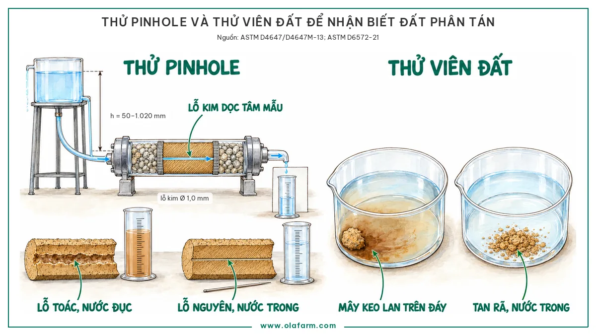 Hai phép thử nhận biết đất phân tán đặt cạnh nhau, bên trái mặt cắt dọc thiết bị thử pinhole với bình cột nước đặt cao có ống tràn, ống thử nằm ngang chứa mẫu đất đầm ngắn có lỗ kim xuyên dọc tâm nằm giữa hai lớp sỏi và lưới, ống đong chia vạch hứng dòng nước nhỏ chảy ra, và hai mặt cắt mẫu sau thử với lỗ toác rộng bên cạnh ống đong nước đục hoặc lỗ nguyên bằng cây kim bên cạnh ống đong nước trong, bên phải thử viên đất trong hai cốc nước cất, một cốc mây keo lan trên đáy quanh viên là dấu hiệu đất phân tán, một cốc viên đã rã thành đống mà nước vẫn trong